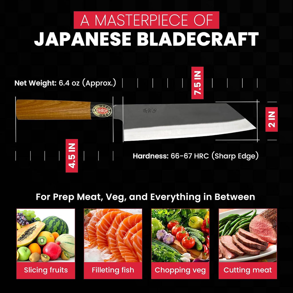 YOSHIDAHAMONO Bunka Knife 190mm – Aogami #2 Carbon Steel HRC 66–67 | Full Tang Zelkova Handle | 15-Degree Edge, Double-Edged Japanese Chef Knife, Made in Japan