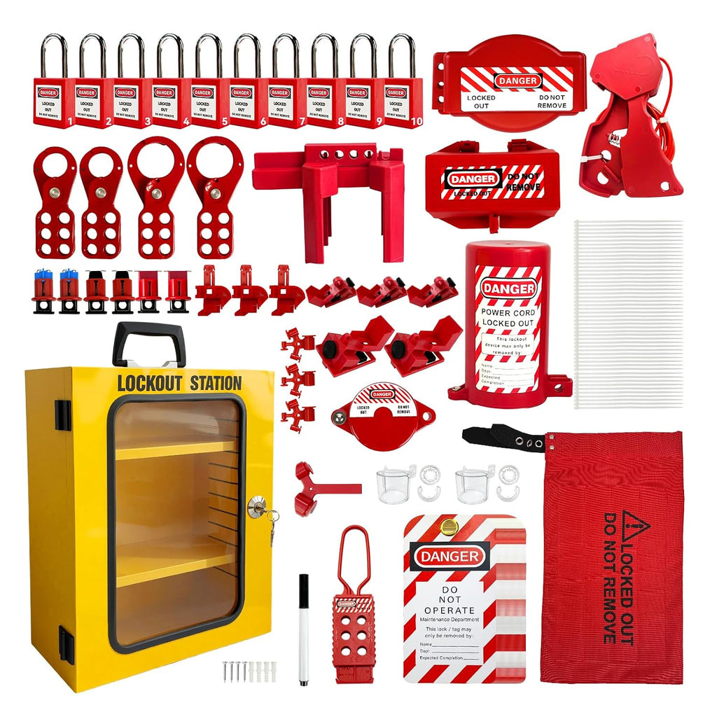 Lockout Tagout Station Kit 148pcs,Lock Out Tag Out Loto Hasps,Tags,Circuit Breaker Lockout,Ball Valve Lockout,Electrical Plug Lockout,Steel Cable Lockout for Loto Station Lock Out Tag Out Kit
