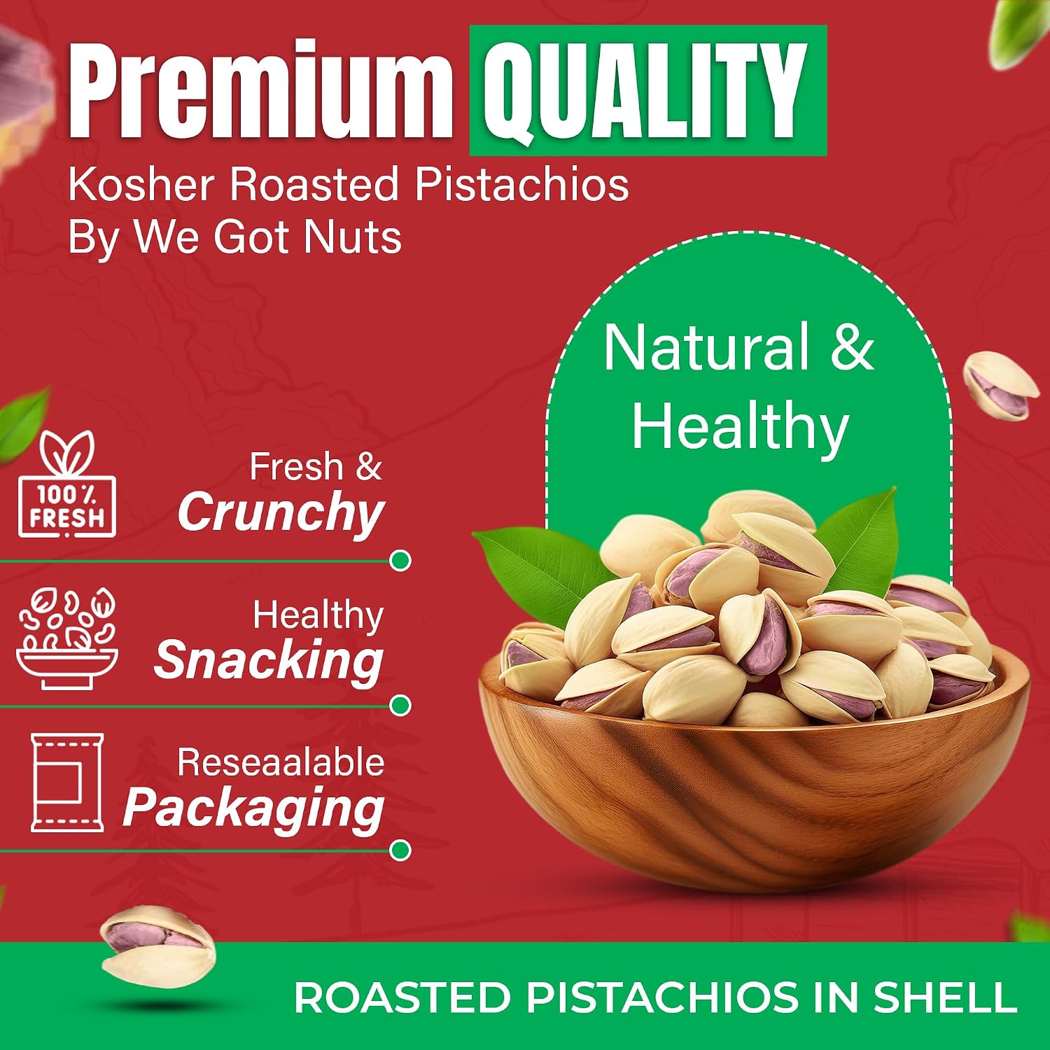 Turkish Antep Pistachios 5 Pounds (80oz) - Premium Quality Kosher Roasted Pistachios By We Got Nuts - Natural & Healthy Rich Flavor Snack - Whole, & Salted – Air-Tight Resealable Bag Package