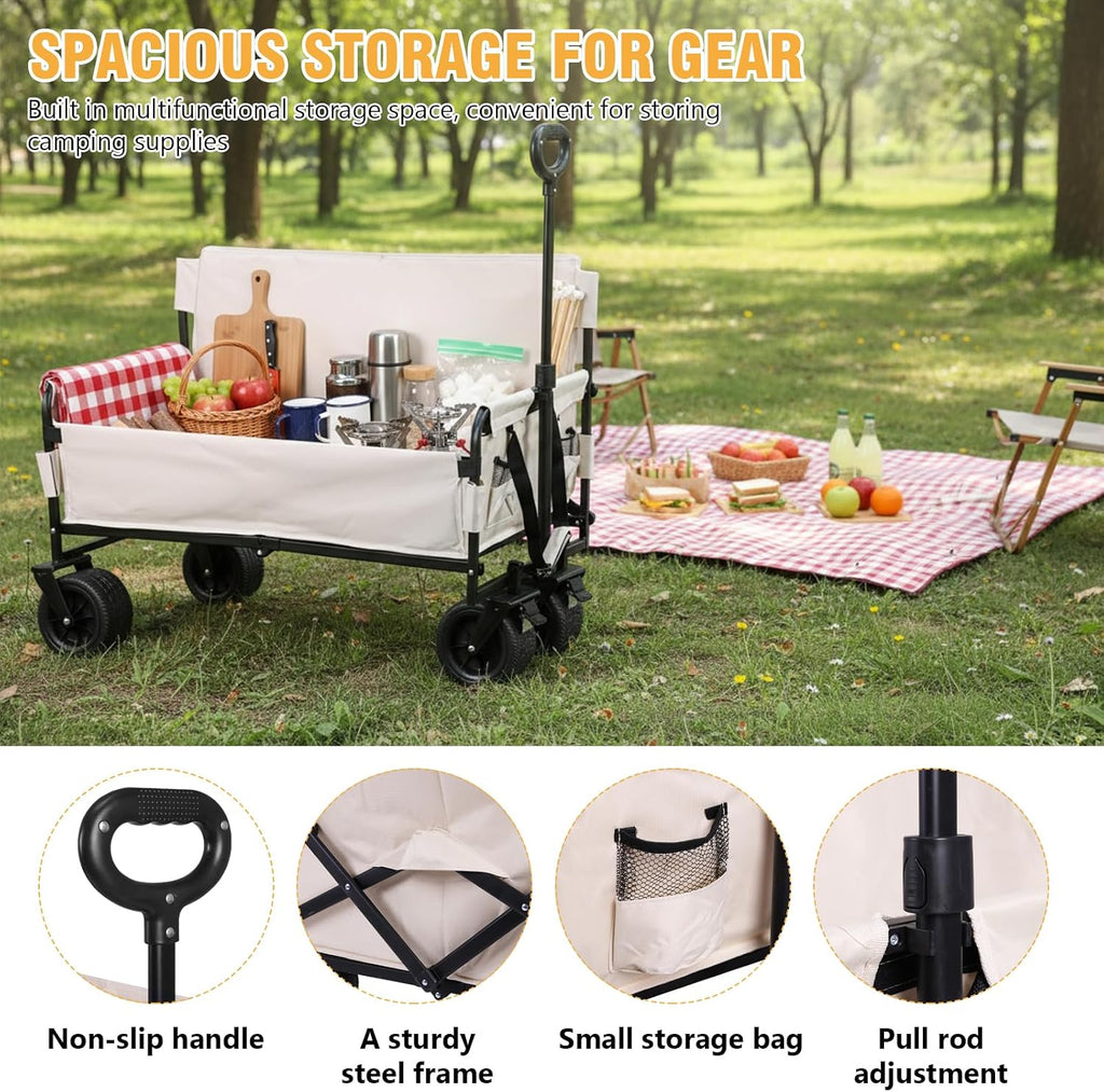 Heavy Duty Wagon Cart Foldable with Big Wheels Heavy Duty Collapsible Utility Wagon for Groceries Garden Sport (Beige)