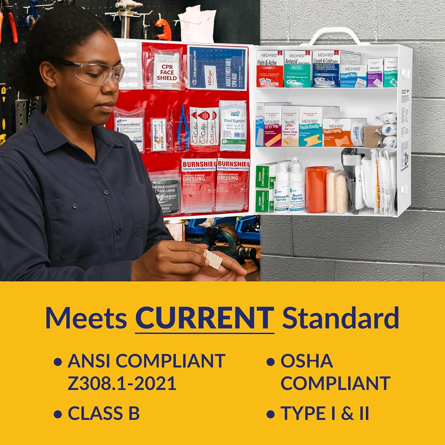 MFASCO 2021 ANSI/OSHA Compliant First Aid Kit - Large, Commercial 3-Shelf Metal Cabinet for Businesses, Wall Mountable - with Medications - ANSI Standard 2021 First Aid Kits, Class B Fill