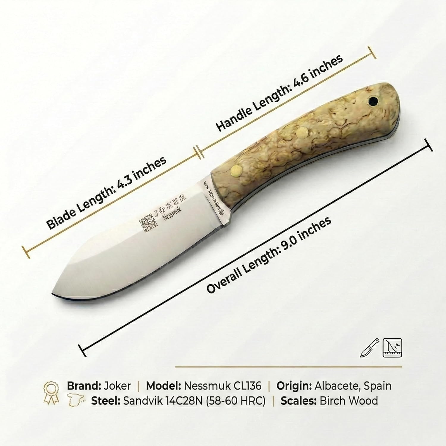 Joker Nessmuk CL136 Bushcraft Knife, 4.33 in Sandvik 14C28N Stainless Steel Flat Grind Blade, Curly Birch Handle and Brown Leather Sheath, for Bushcraft, Camping, Hiking and Field Tasks