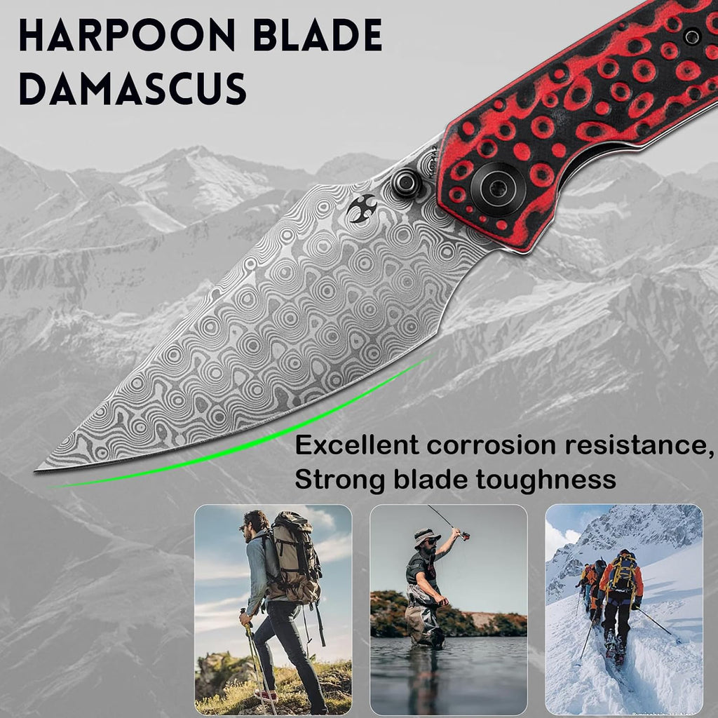 KANSEPT Fenrir Pocket Knife, 3.48' Damascus Harpoon Blade, Titanium Handle Black-Red Meteorite Crater G10 Inlay, Thumb Stud & Liner Lock with Deep Clip EDC Knives for Camping Hunting Survival K1034A2