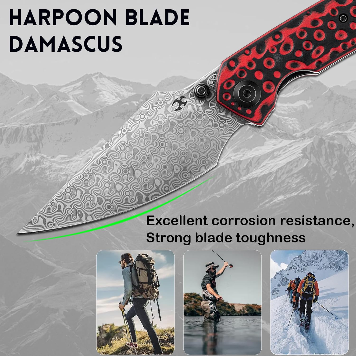 KANSEPT Fenrir Pocket Knife, 3.48' Damascus Harpoon Blade, Titanium Handle Black-Red Meteorite Crater G10 Inlay, Thumb Stud & Liner Lock with Deep Clip EDC Knives for Camping Hunting Survival K1034A2