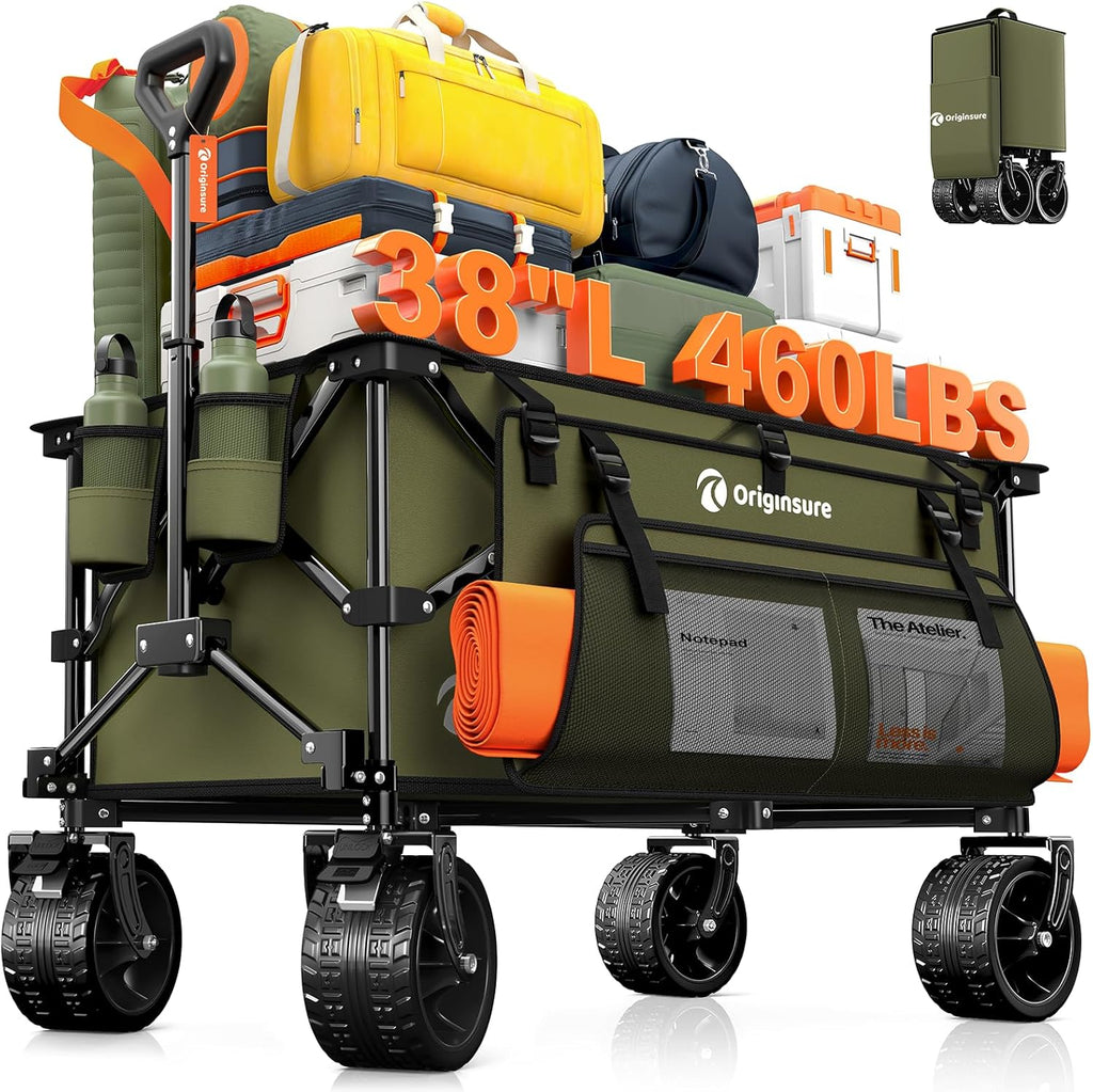 Originsure 220L Collapsible Wagon Cart Foldable, 460lbs Load Capacity Heavy Duty Folding Beach Wagons with Big All-Terrain Wheels, Utility Carts for Groceries, Shopping, Camping, Sports - Green