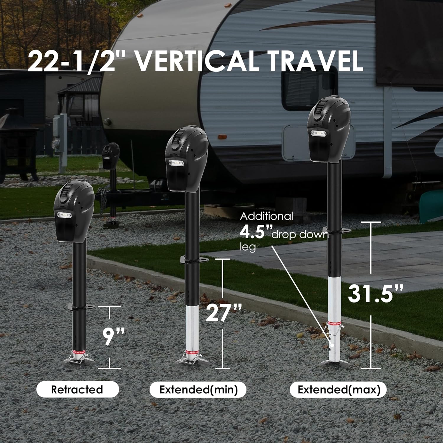 POLESTAR Electric Trailer Jack, 3500lbs Electric Power A- Frame Tongue Jack with Waterproof Protective Cover & LED Light for Travel Trailer Camper, RV, 12V DC with Hard Wiring, 9'-27' Lift