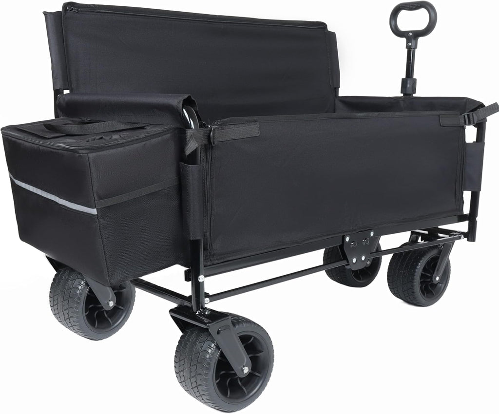3-in-1 Heavy-Duty Folding Wagon Cart with All-Terrain Wheels, 500lbs Capacity, Bench Seat & Storage – Perfect for Camping, Beach, Sports, and Outdoor Events (Black)