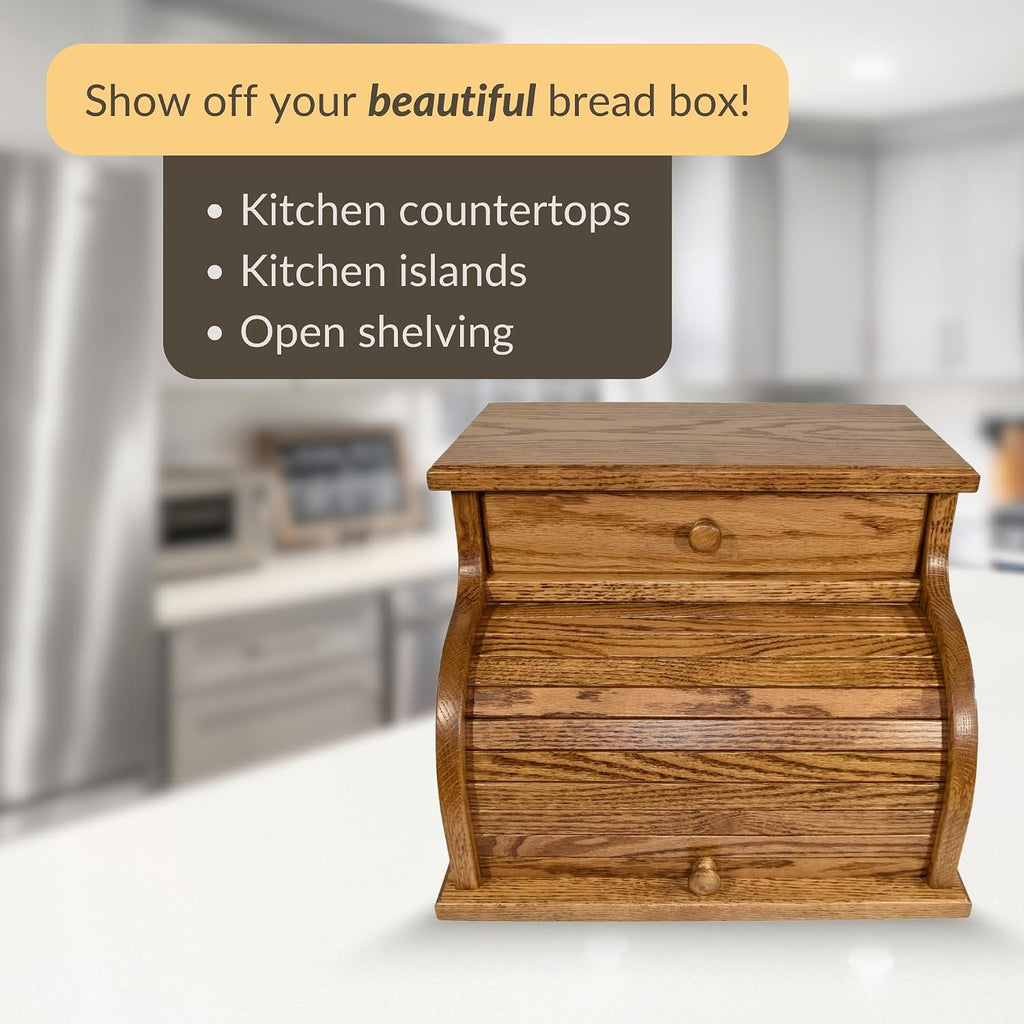 DutchCrafters Amish USA Made Solid Wood Countertop Bread Box with Drawer, Bread Holder for Kitchen Counter, Large Bread Box for Kitchen Countertop (Oak - Medium Walnut)