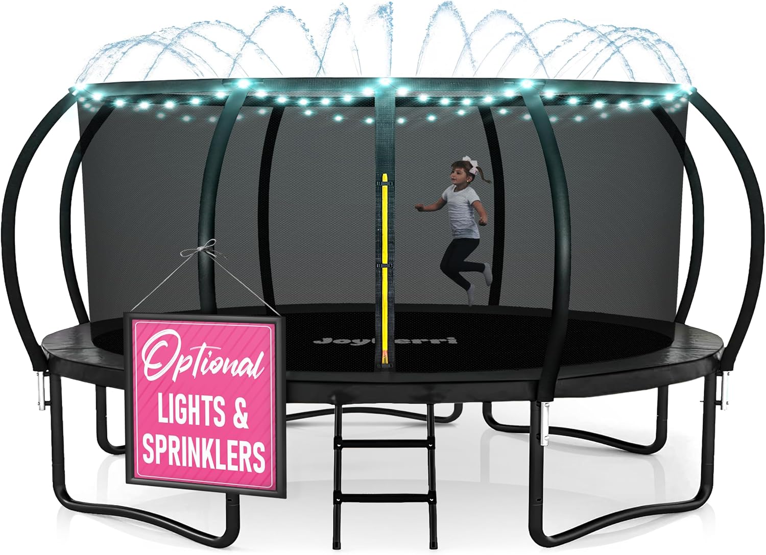 JoyBerri Trampoline Outdoor - Upsurge ASTM Certified Safe 8Ft 10Ft 12Ft 14Ft 15Ft 16Ft Recreational Trampoline for Kids and Adults. Anti-Rust Coating with Enclosure Net, Ladder, Sprinkler & LED Lights