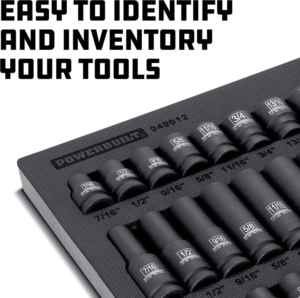 Powerbuilt Master 63 Piece 1/2-Inch Drive Impact Socket Set, Extensions, Metric&SAE Deep/Standard Impact Socket, Universal Joint and Adapter, Cr-Mo Steel, EVAs torage Tray - 949012