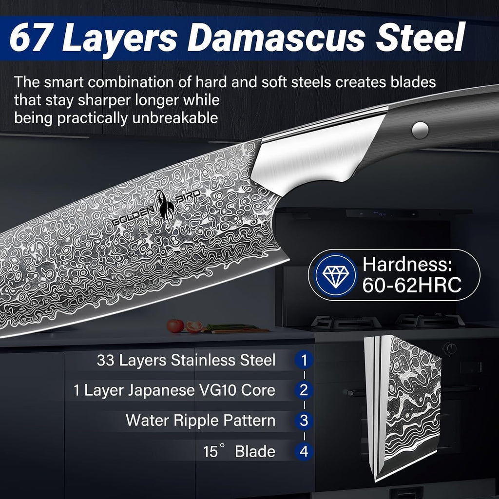 Golden Bird Damascus Kitchen Knife Set, 3 PCS Chef Knife Set Professional, Razor Sharp 67 Layers Damascus Japanese Knives Set for Kitchen with Wood Handle,Gifts for Men Women