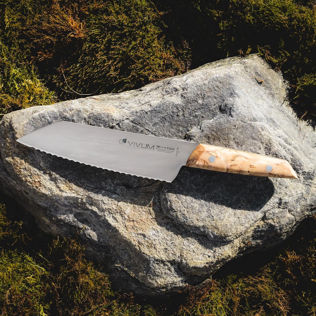 F. DICK – VIVUM Allround Knife – Universal Knife with scalloped edge - 7' blade & 58 HRC - all foods with a hard crust or shell - Stainless steel - Ultra sharp - Birchwood handle – Made in Germany