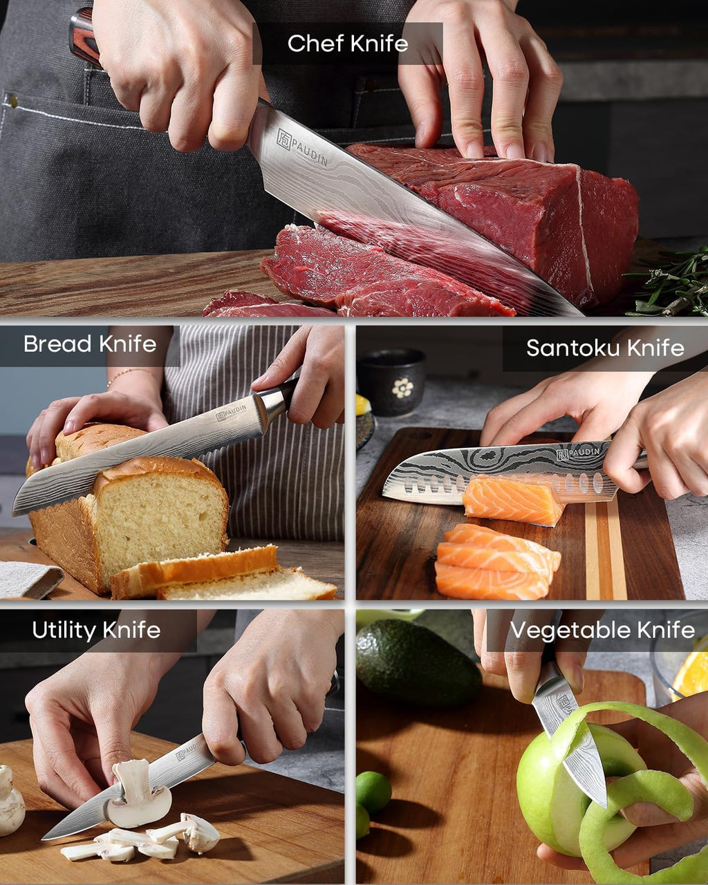 PAUDIN Knife Set, 5PCS Kitchen Knife Set without Block, Stainless Steel Chef Knife Set with Pakkawood Handle, Professional Kitchen Gift Sets for Cooking Lovers & Farther's Day