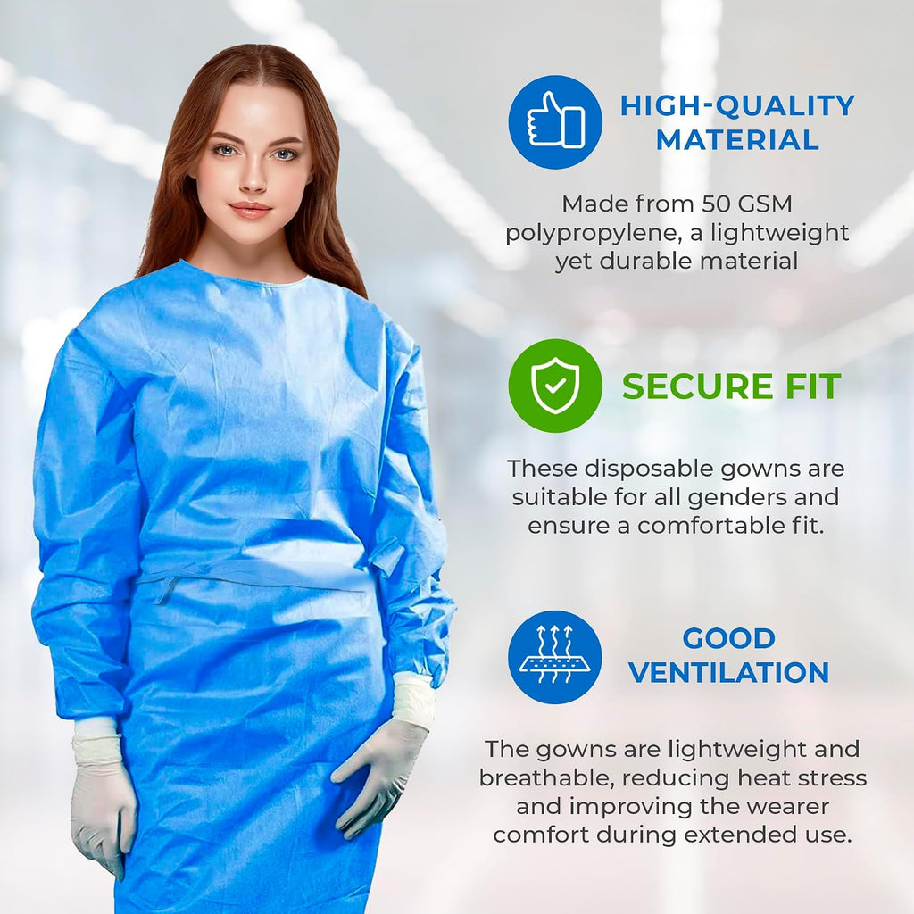 AMZ Medical Supply Disposable Isolation Gowns, 2X-Large Blue, Pack of 30, 50 GSM Non-Woven Polypropylene, Long Sleeves, Knit Cuffs, Neck and Waist Ties, Unisex