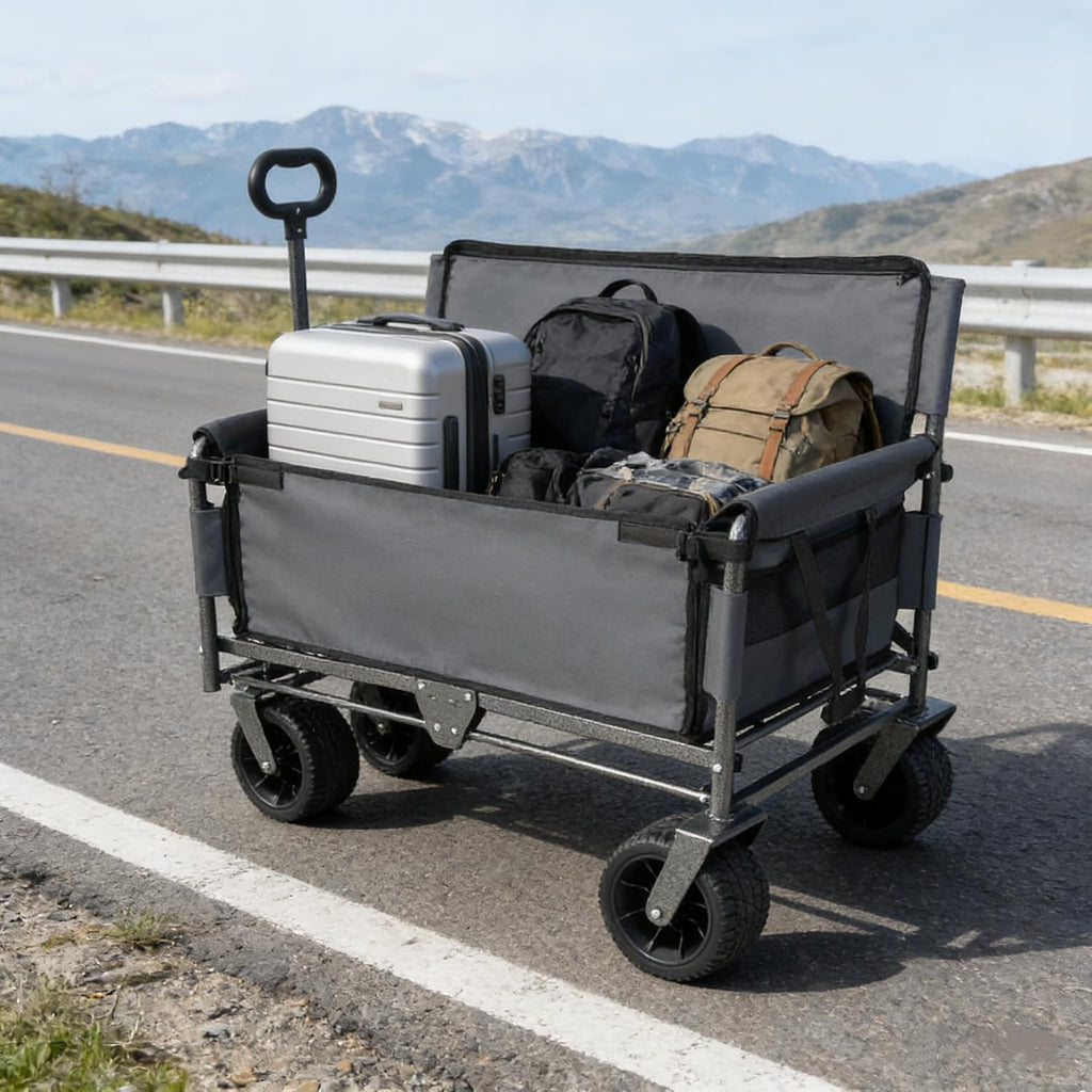 3-in-1 Convertible Folding Wagon Cart with Bench Seat & Storage - 500lbs Heavy-Duty Utility Wagon, 180L Capacity All-Terrain Wheels for Camping, Beach, Sports, Garden (Gray)
