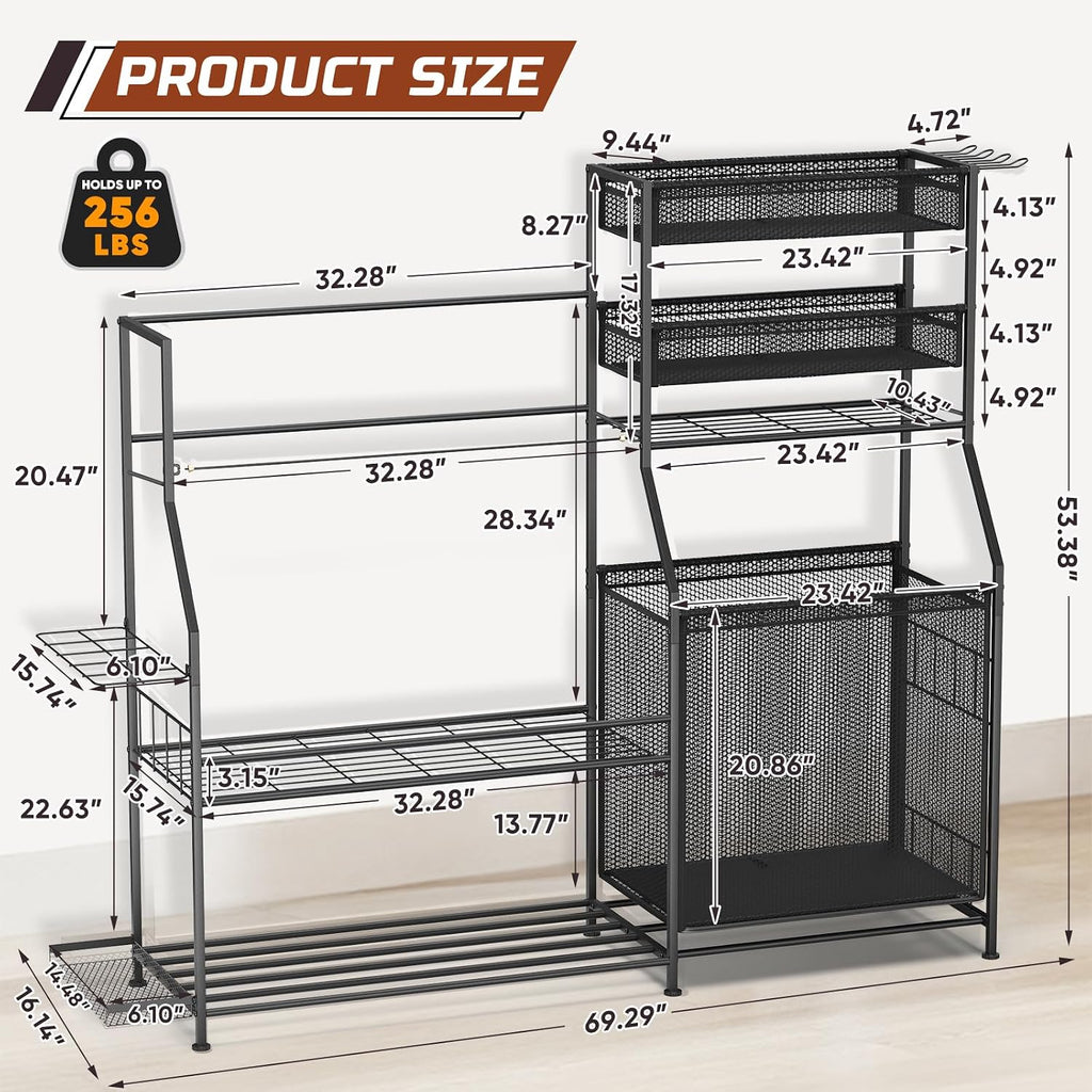Garage Sports Equipment Organizer,3 Golf Bags Storage Stand,Heavy-Duty Ball Storage Rack with Basket and Hooks,Space-Saving Design for Toy Sports Gear Storage Indoor/Outdoor Use