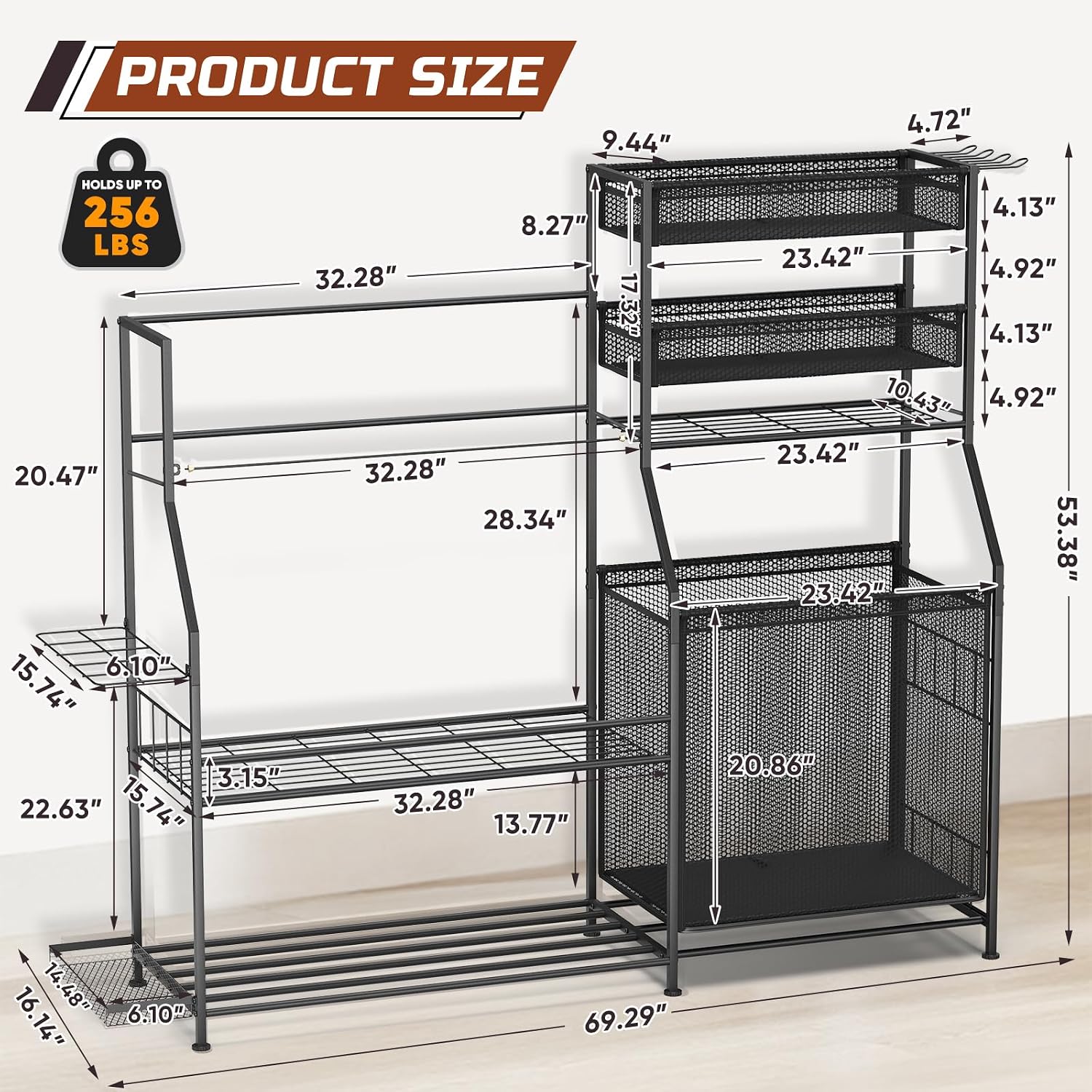 Garage Sports Equipment Organizer,3 Golf Bags Storage Stand,Heavy-Duty Ball Storage Rack with Basket and Hooks,Space-Saving Design for Toy Sports Gear Storage Indoor/Outdoor Use