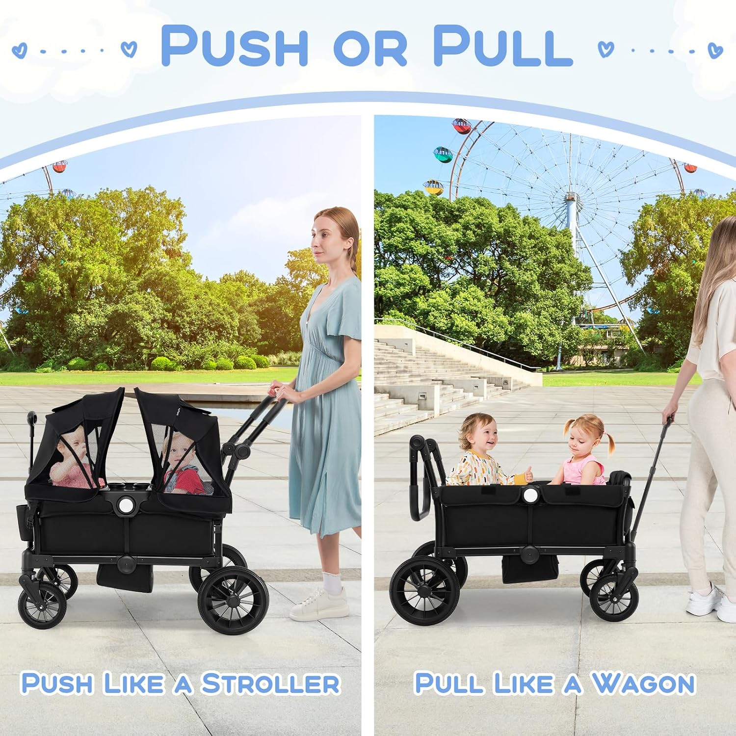 HONEY JOY Wagon Stroller for 2 Kids, 2 Seater Toddler Quad Stroller Wagon, Adjustable Push/Pull Handle Bar, Drop-Down Footwell & Upholstered Seats, Collapsible Kids Wagon with Canopy(Black)