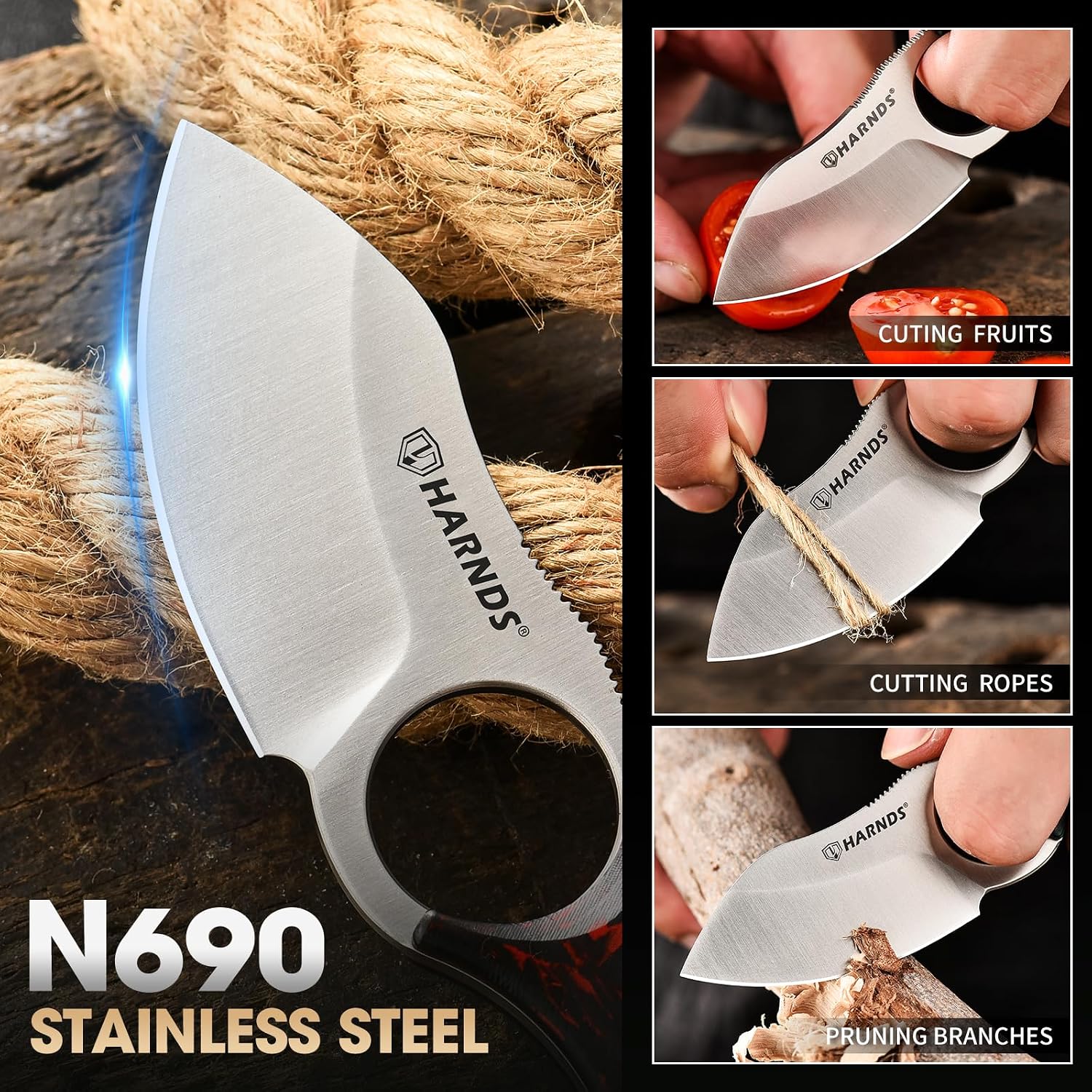 Harnds Small Fixed Blade Knife Full Tang Camping EDC with N690 Steel and Carbon Fiber Handle for Fishing and Skinning Eggplant