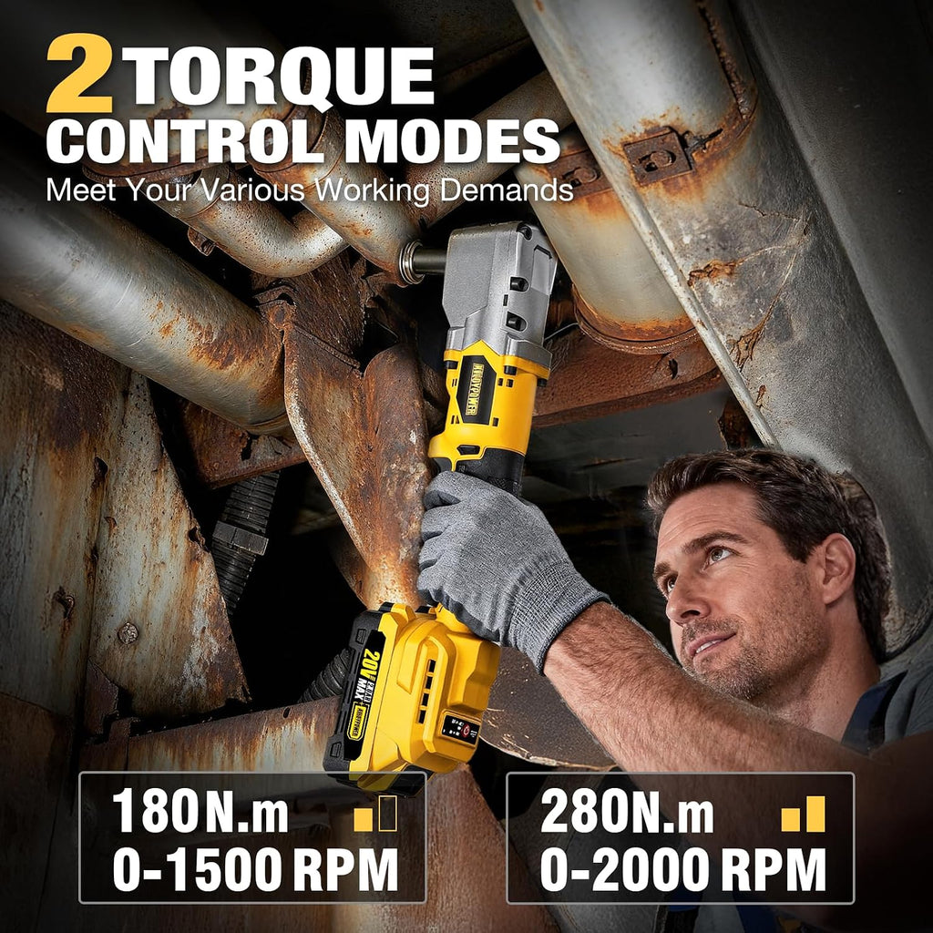 ALLOYPOWER 20V Brushless Right Angle Wrench, 207 Ft-lbs（280N.M）,1/2'' High Torque Cordless Power Tool with 2×2.0Ah Batteries, LED Light, 2-Speed Control, Compact 90° Design for Tight Spaces
