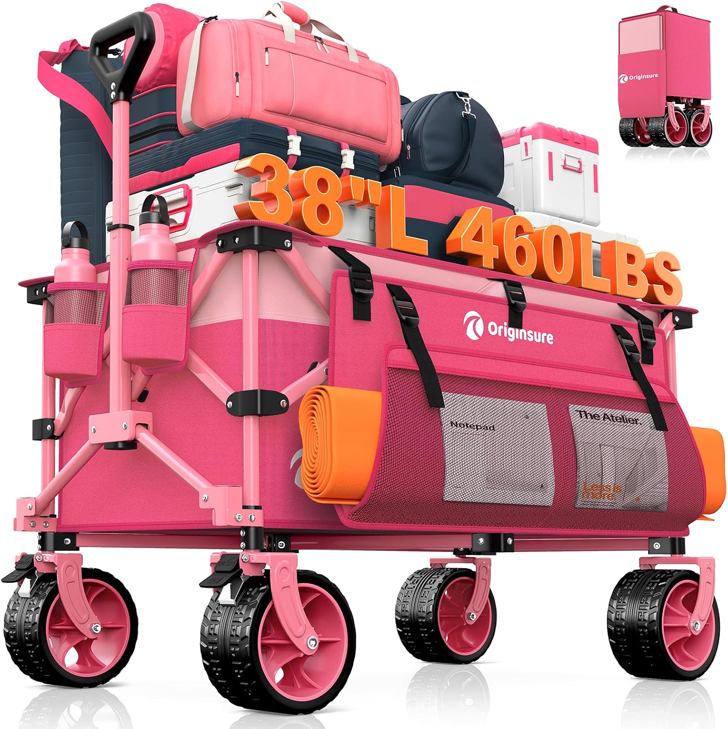Originsure 220L Collapsible Wagon Cart Foldable, 460lbs Load Capacity Heavy Duty Folding Beach Wagons with Big All-Terrain Wheels, Utility Carts for Groceries, Camping, Sports - Pink