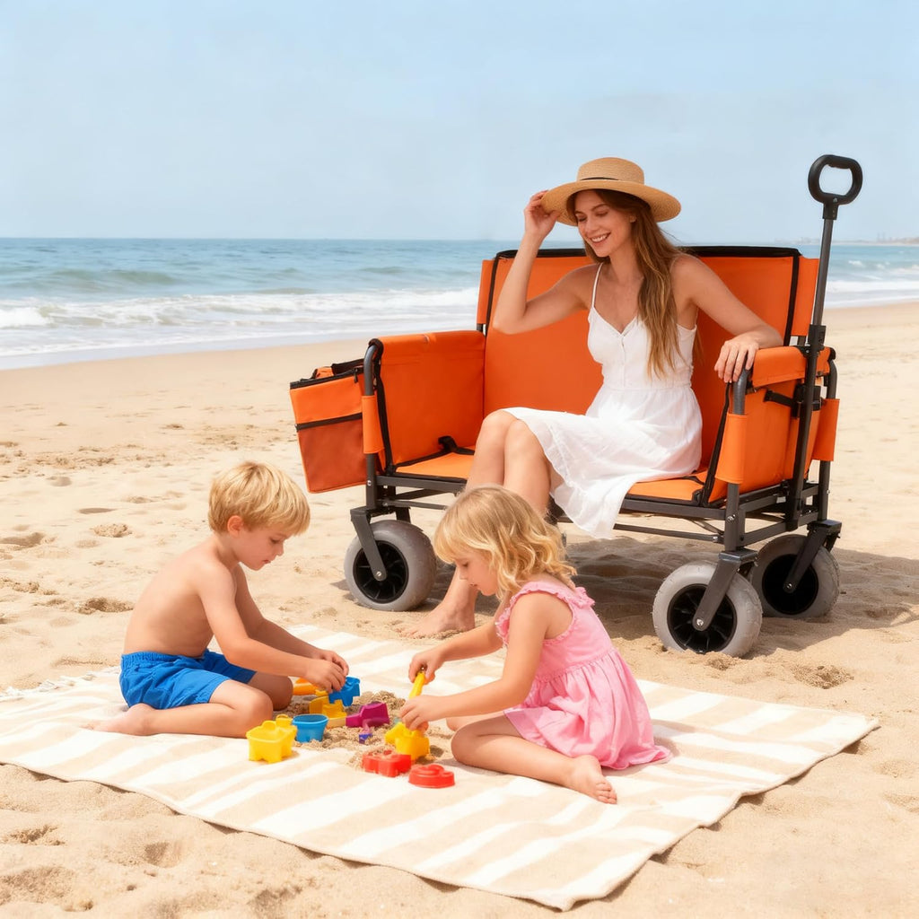 3-in-1 Heavy-Duty Folding Wagon with Convertible Bench Seat – 500lb Capacity, All-Terrain 9'x4' Beach Tires, Collapsible Design for Camping, Outdoor Events & Grocery Hauling (Orange)