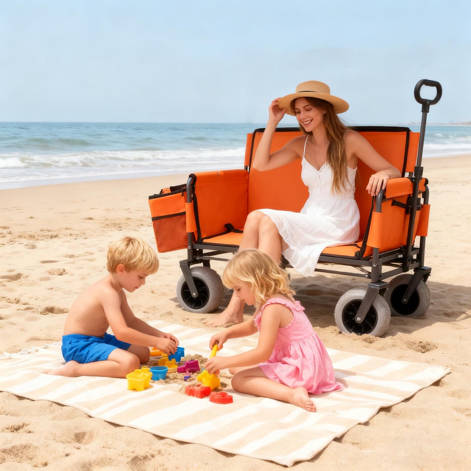 3-in-1 Heavy-Duty Folding Wagon with Convertible Bench Seat – 500lb Capacity, All-Terrain 9'x4' Beach Tires, Collapsible Design for Camping, Outdoor Events & Grocery Hauling (Orange)