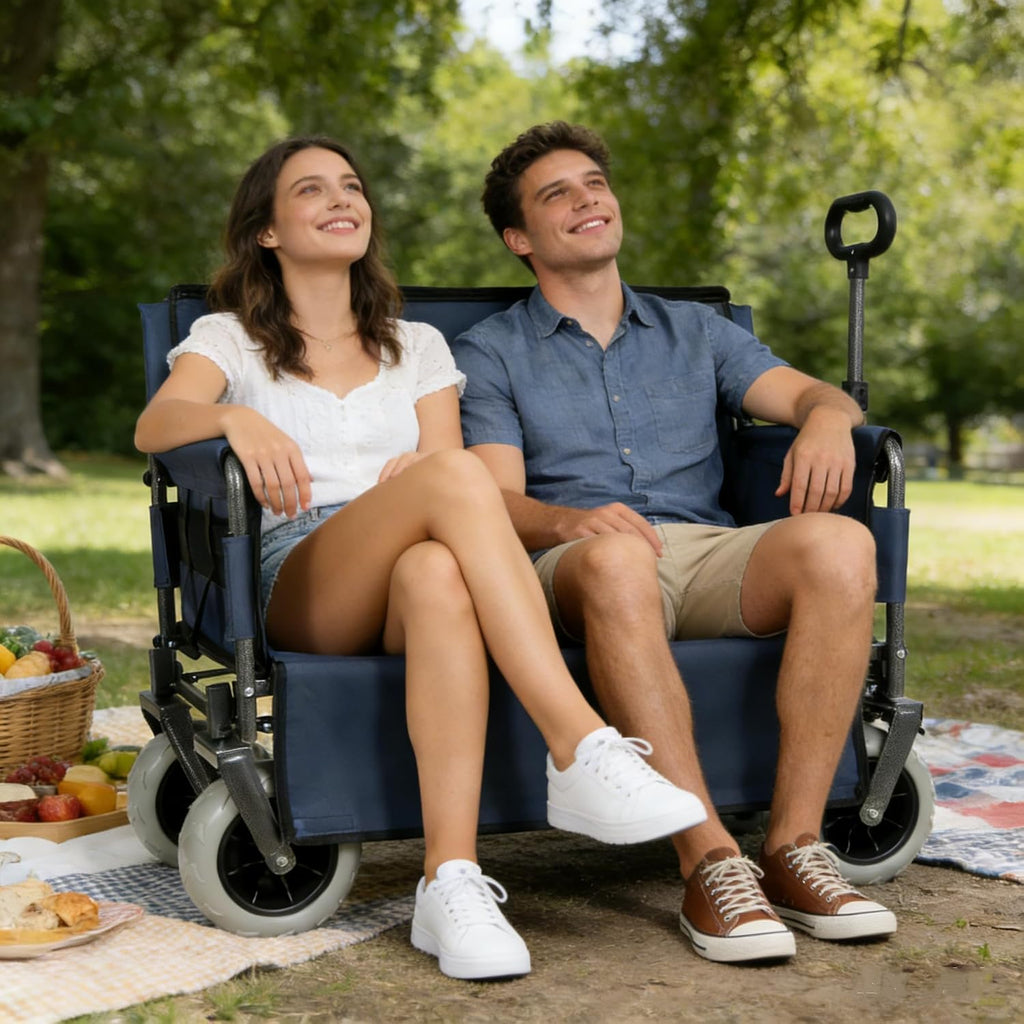 ZeHuoGe 3-in-1 Folding Wagon with Bench Seat – 500lbs Capacity, 9'x4' Beach Tires for Camping & Beach (Dark Blue)