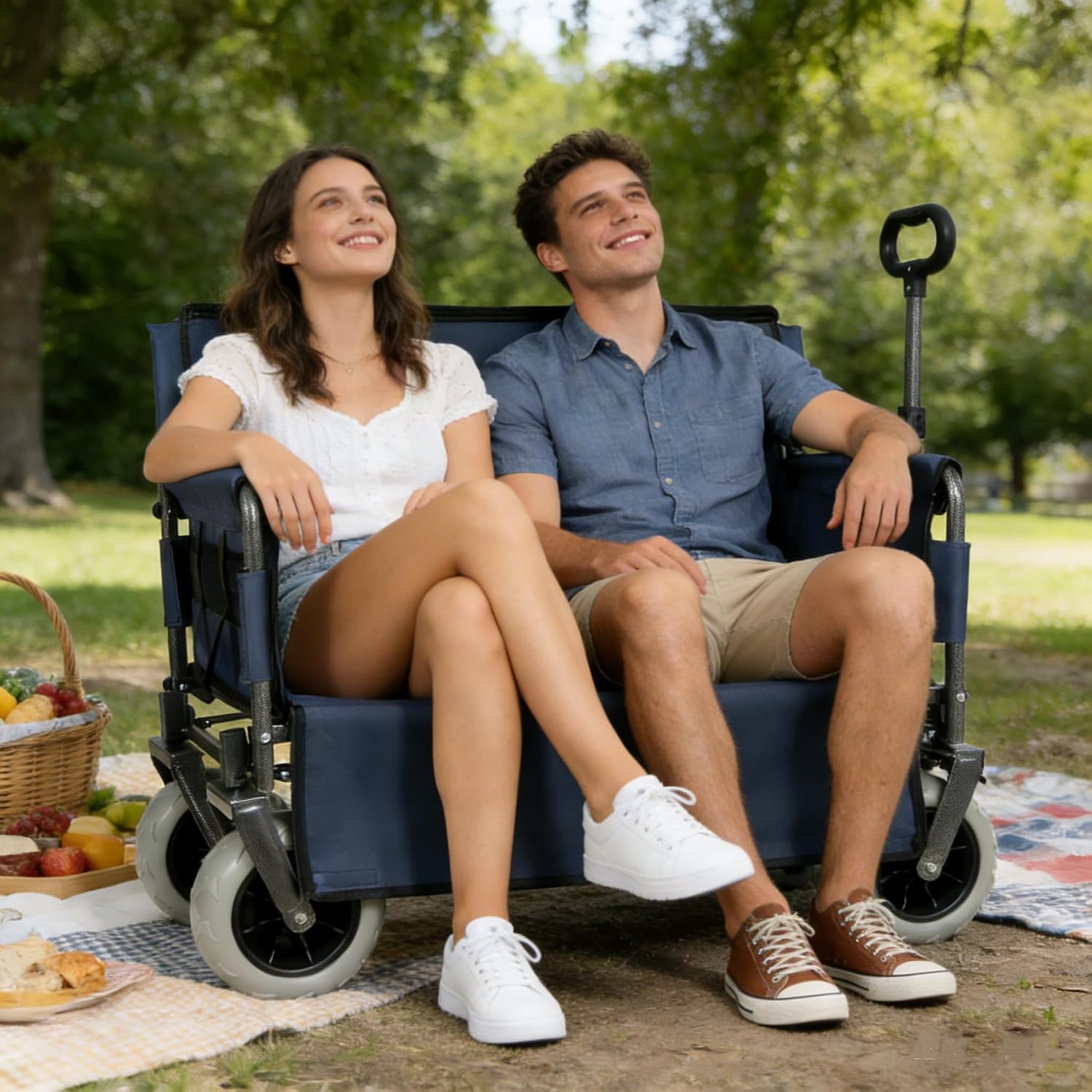 ZeHuoGe 3-in-1 Folding Wagon with Bench Seat – 500lbs Capacity, 9'x4' Beach Tires for Camping & Beach (Dark Blue)
