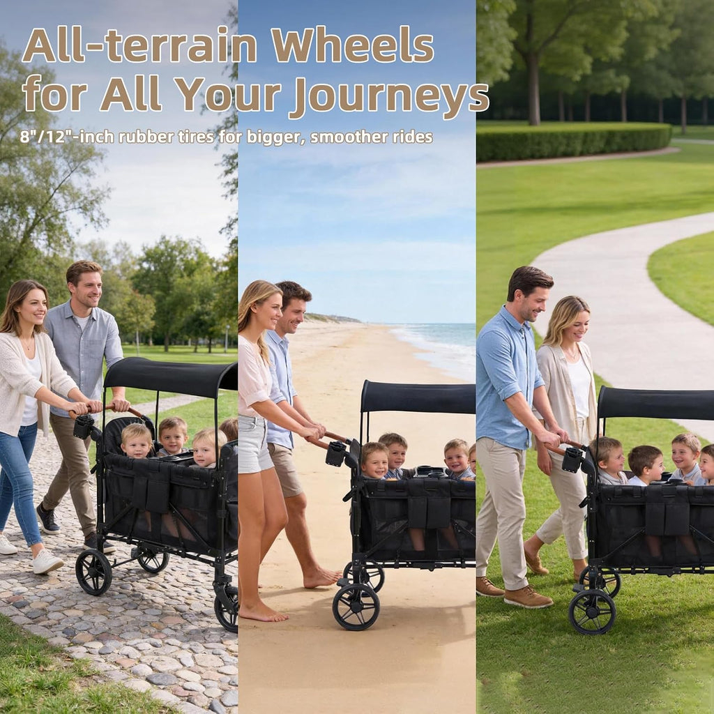 Stroller Wagon for 4 Kids, 4 Seater Wagon Stroller with Snack Tray, Large Storage Bag, Phone Cup Holder, Removable Canopy, Foldable Wagon Stroller 4 Seater with Adjustable Push Handles (Deep Black)