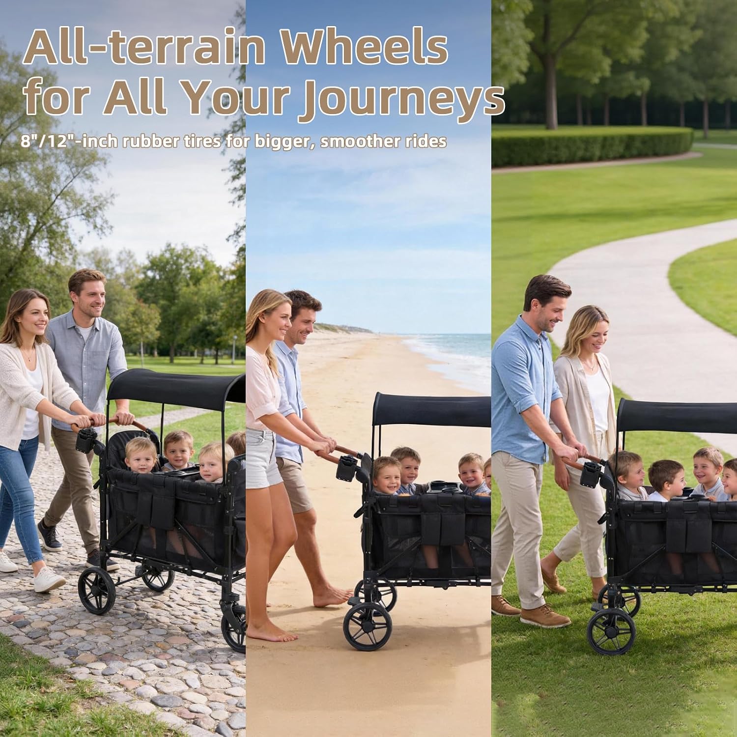 Stroller Wagon for 4 Kids, 4 Seater Wagon Stroller with Snack Tray, Large Storage Bag, Phone Cup Holder, Removable Canopy, Foldable Wagon Stroller 4 Seater with Adjustable Push Handles (Deep Black)