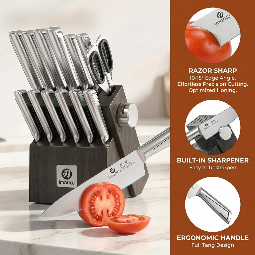 imarku Japanese High Carbon Stainless Steel Knife Set with Block, Precision-Forged Gyutou Kitchen Knives with Built-in Sharpener, Ultra-Sharp 10–15° Edge, Ergonomic Non-Slip Handle, Dishwasher Safe