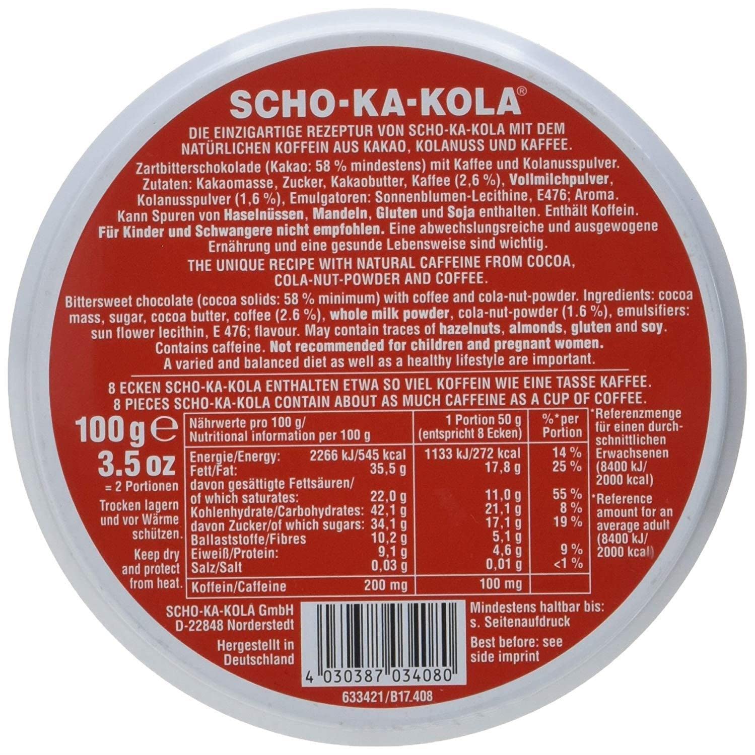 SCHO-KA-KOLA Chocolate Dark Classic with natural Caffeine from Cocoa, Cola-Nut-Powder and Coffee 10 tins x 100 g/Germany Box