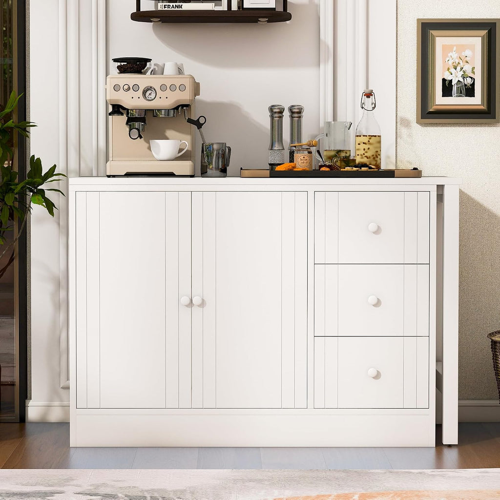90' Extendable Freestanding Storage Cabinet, Kitchen Storage Bakers Rack with Silent Slides, Utility Food Cupboard with Adjustable Shelf for Kitchen Living Room, White