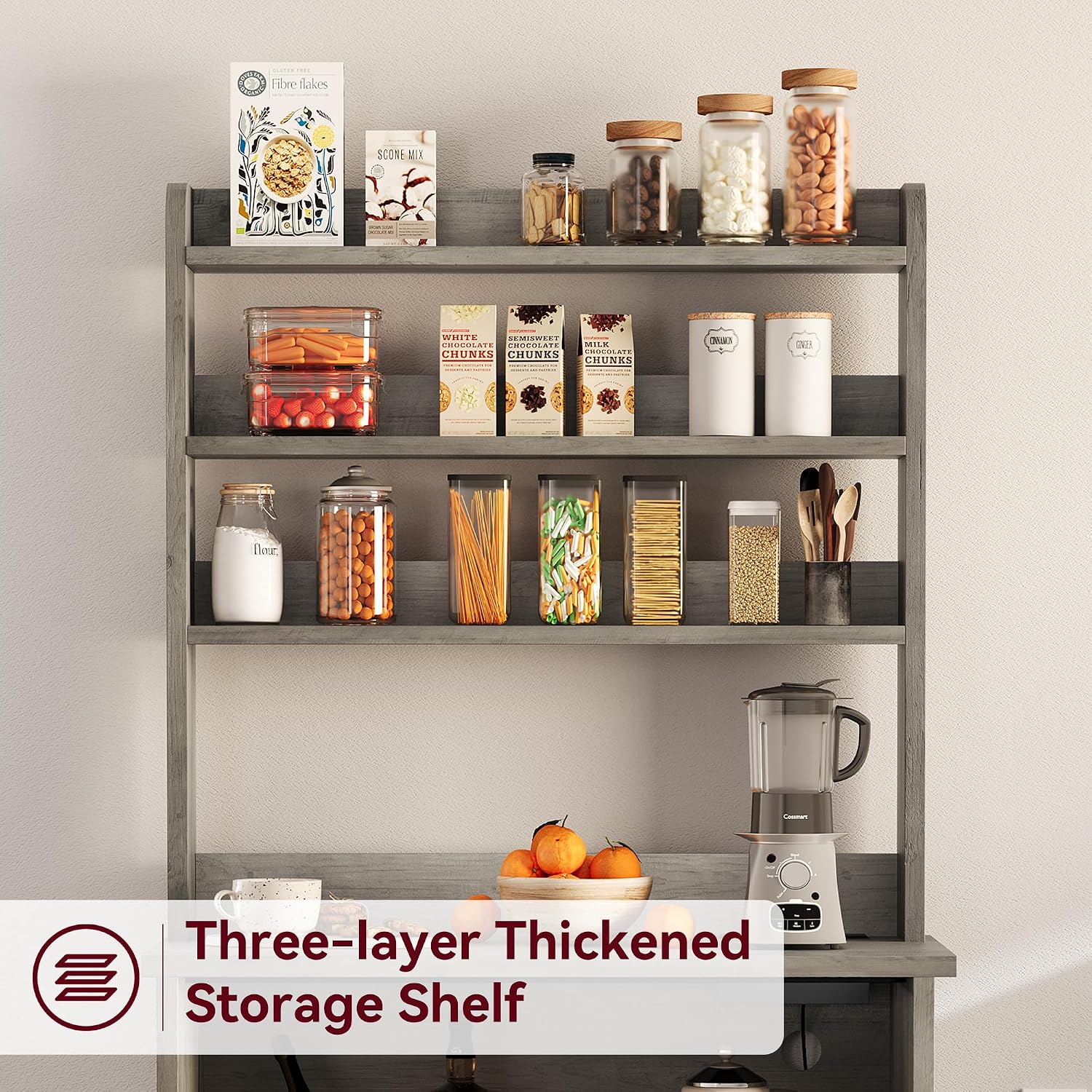 IDEALHOUSE Bakers Rack With Storage Cabinet, Microwave Stand With Power Outlets, Farmhouse pantry cabine With Thick Table Top, Small Kitchen Pantry Hutch Bakers Rack for Kitchen,Dining Room,Retro Gray