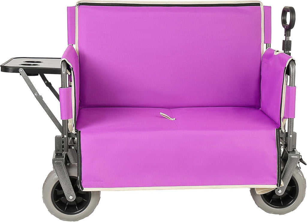 3-in-1 Heavy-Duty Folding Wagon with Bench Seat & Rear-Mounted Folding Tabletop – 500lbs Capacity, All-Terrain Beach Tires for Camping, Picnics, Outdoor Events (Purple)
