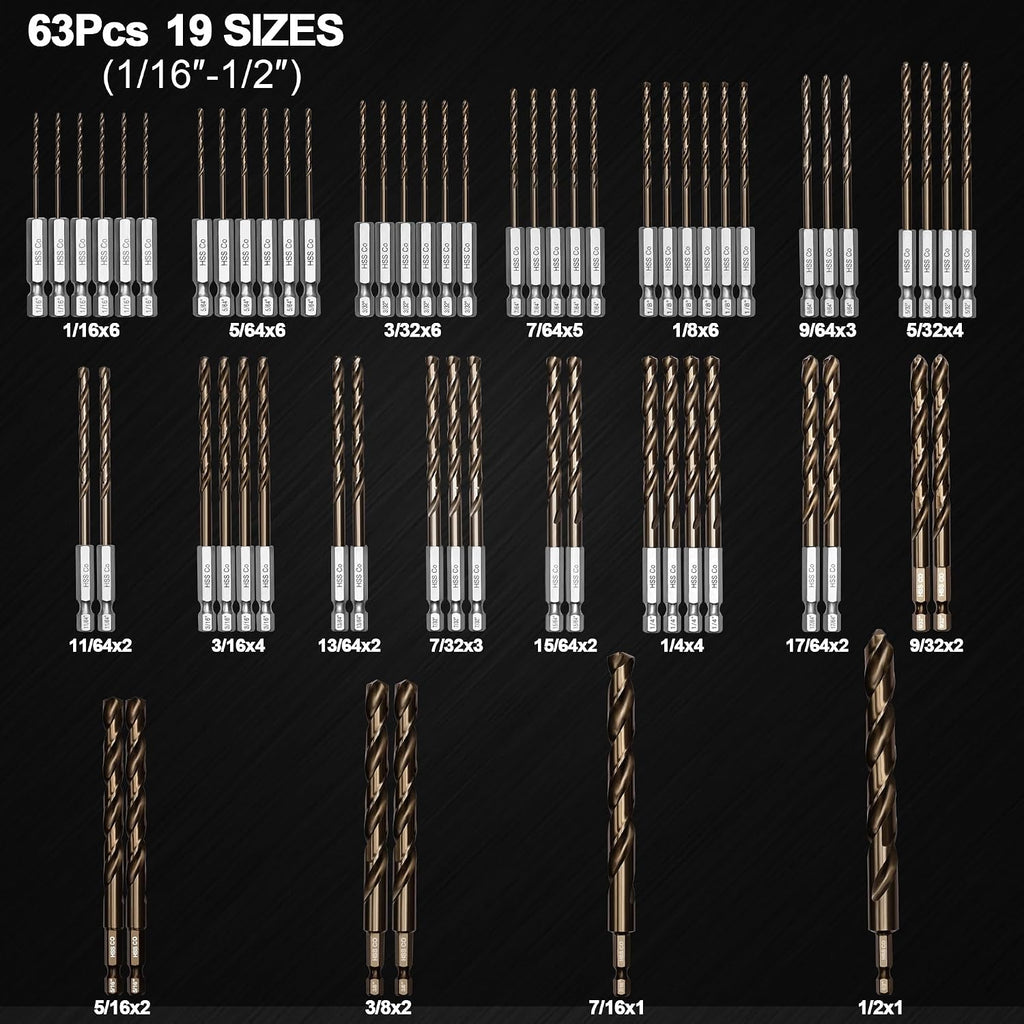 Hex Shank Cobalt Drill Bit Set 63Pcs 1/16'-1/2', M35 HSS Twist Impact Drill Bits for Metal and Hardened Steel, with Indexed Storage Case