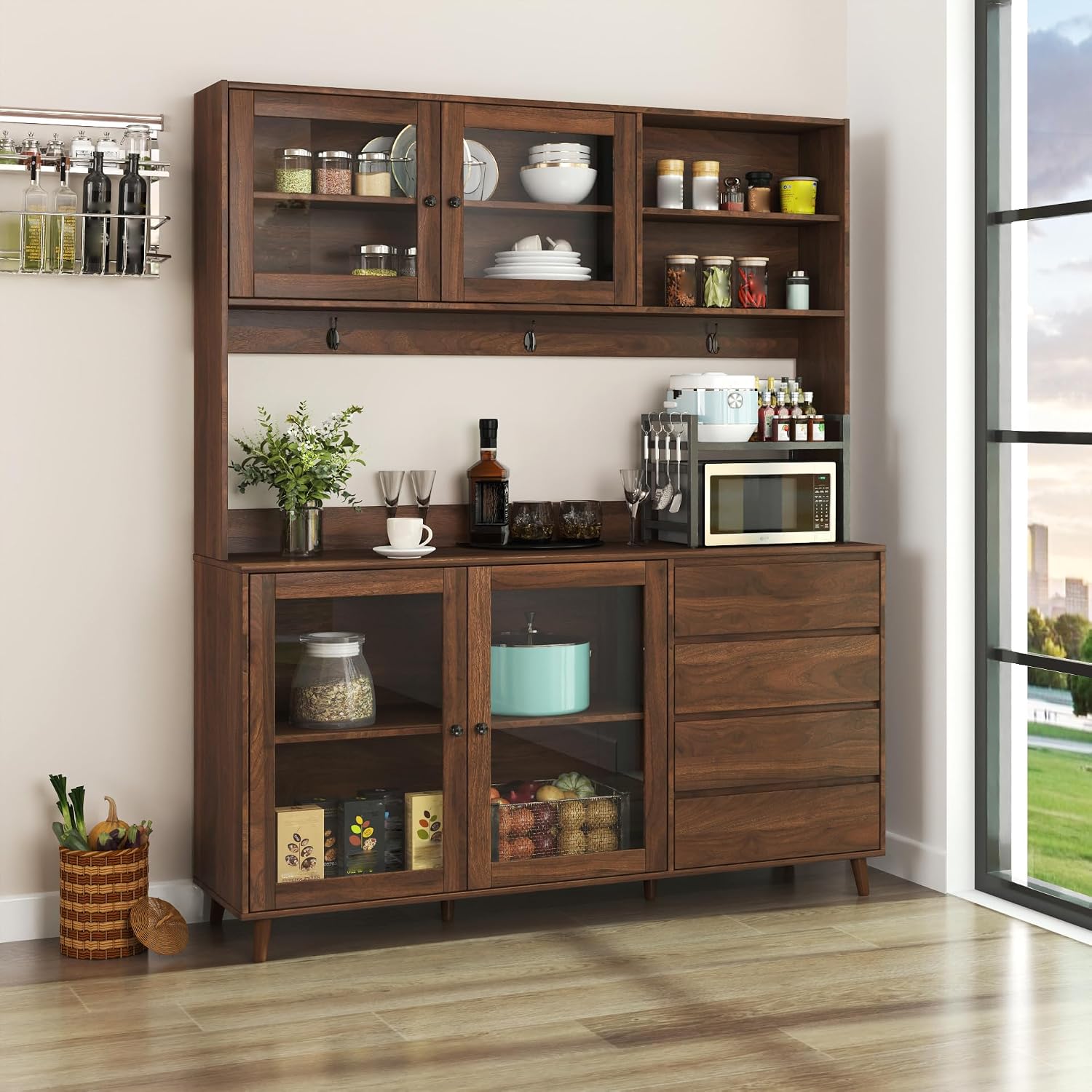 63' Kitchen Pantry Cabinet with Doors and Shelves, Freestanding Bakers Rack Coffee Station with 4 Drawers and Hooks for Kitchen Dining Room, Walnut