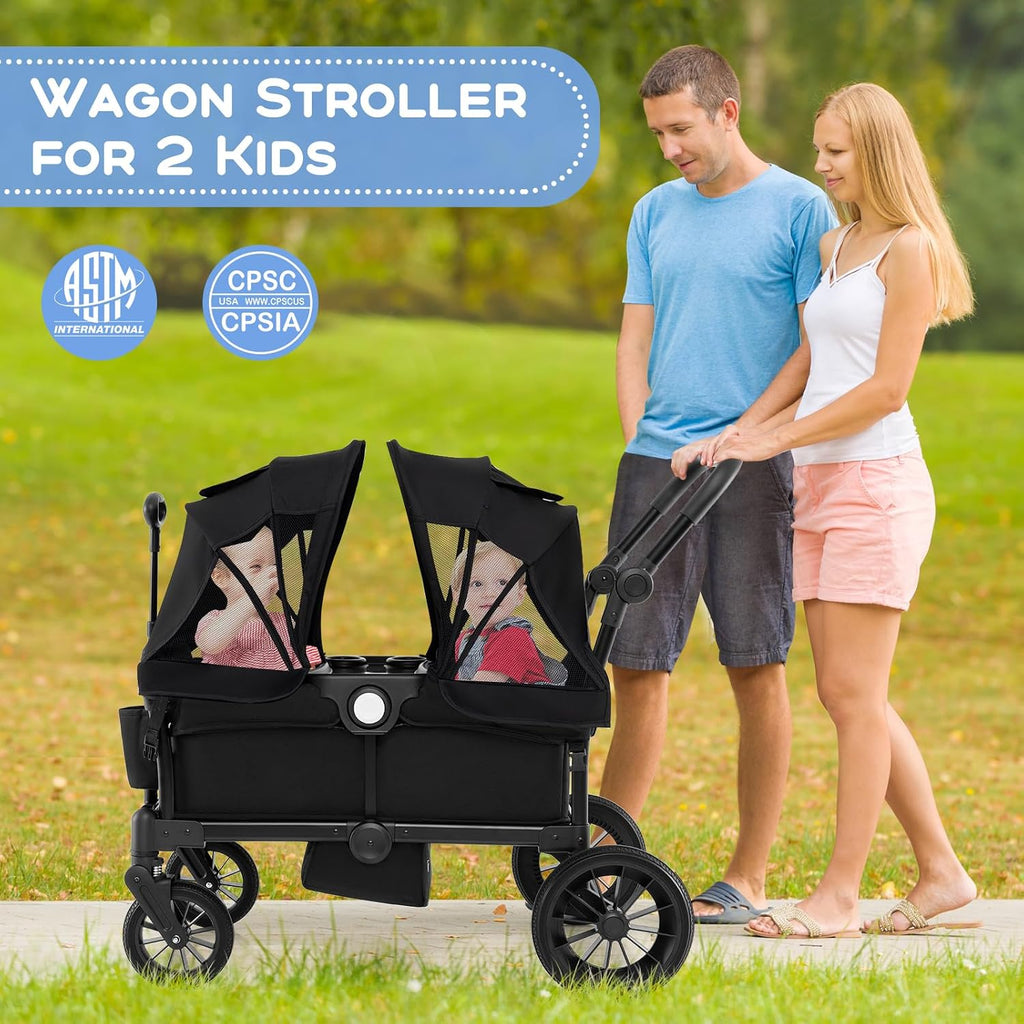 HONEY JOY Wagon Stroller for 2 Kids, 2 Seater Toddler Quad Stroller Wagon, Adjustable Push/Pull Handle Bar, Drop-Down Footwell & Upholstered Seats, Collapsible Kids Wagon with Canopy(Black)
