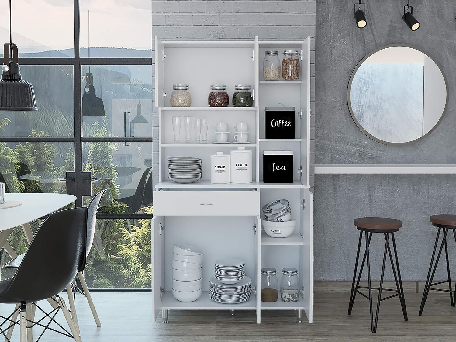 66' 10 Shelves & 1 Drawer Freestanding Storage Cabinet, Kitchen Storage Bakers Rack with 6 Covered Doors, Utility Food Cupboard for Home Kitchen Areas, White
