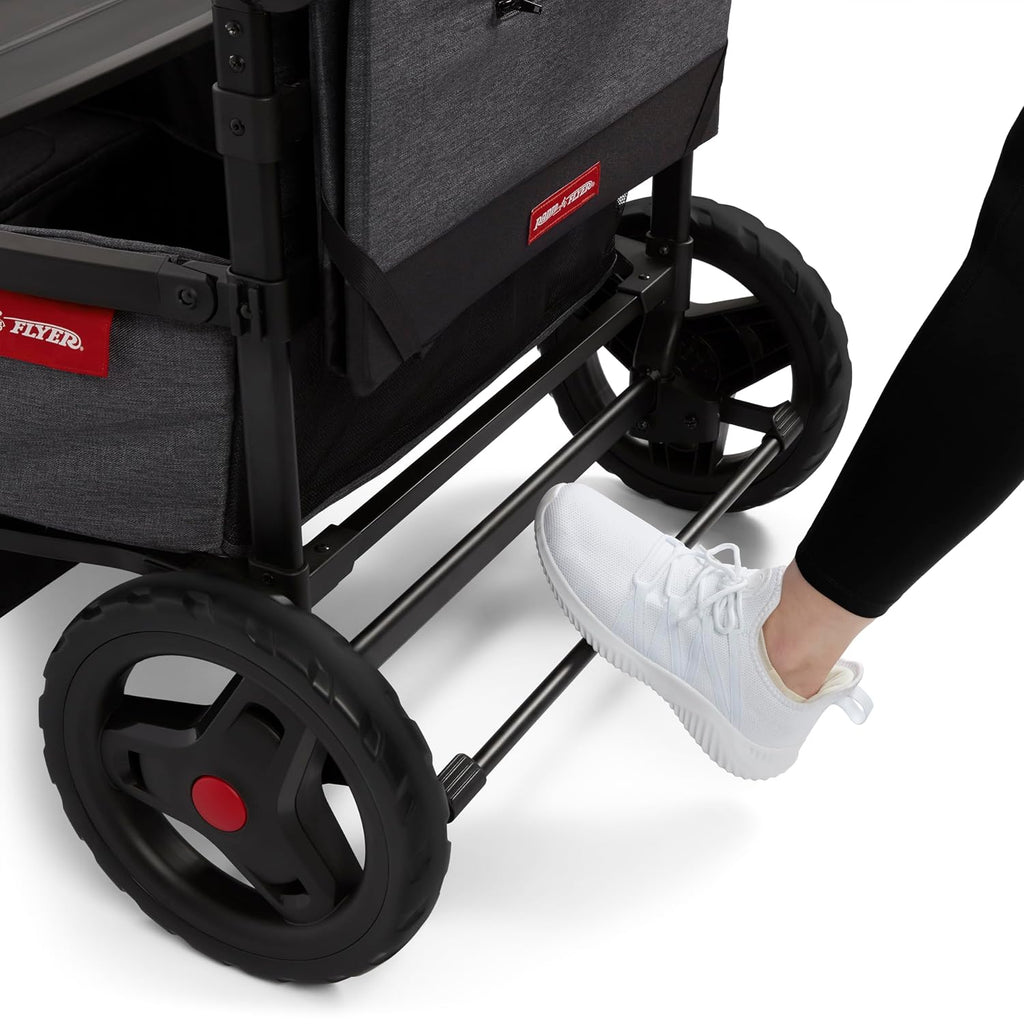 Radio Flyer Voya Quad Stroller Wagon, for Toddlers and Kids 6+ Months, Push or Pull, 4 Seats, Dual Sun Canopies, Compact Fold, Lightweight, Storage Space, 5-Point Harnesses, Stroller Wagon for Kids