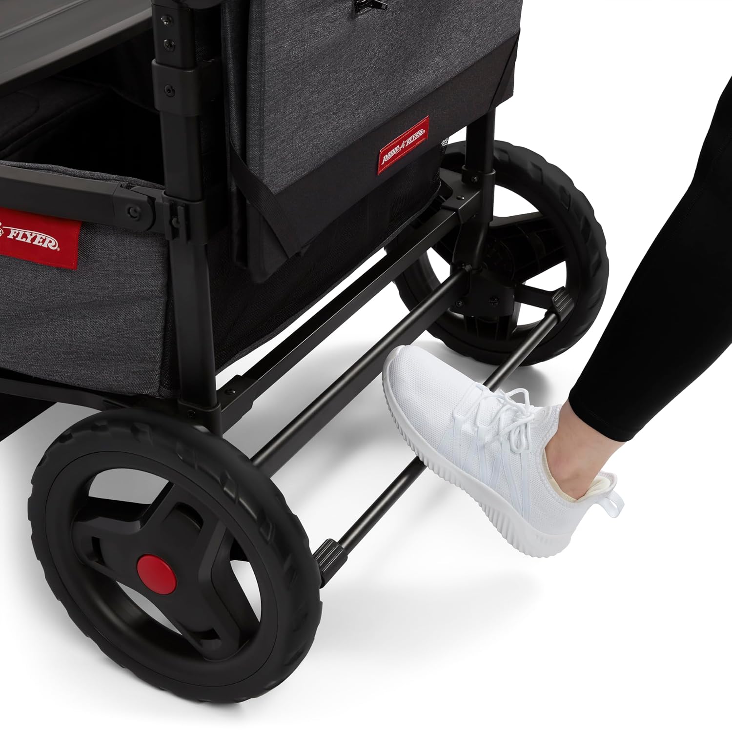 Radio Flyer Voya Quad Stroller Wagon, for Toddlers and Kids 6+ Months, Push or Pull, 4 Seats, Dual Sun Canopies, Compact Fold, Lightweight, Storage Space, 5-Point Harnesses, Stroller Wagon for Kids