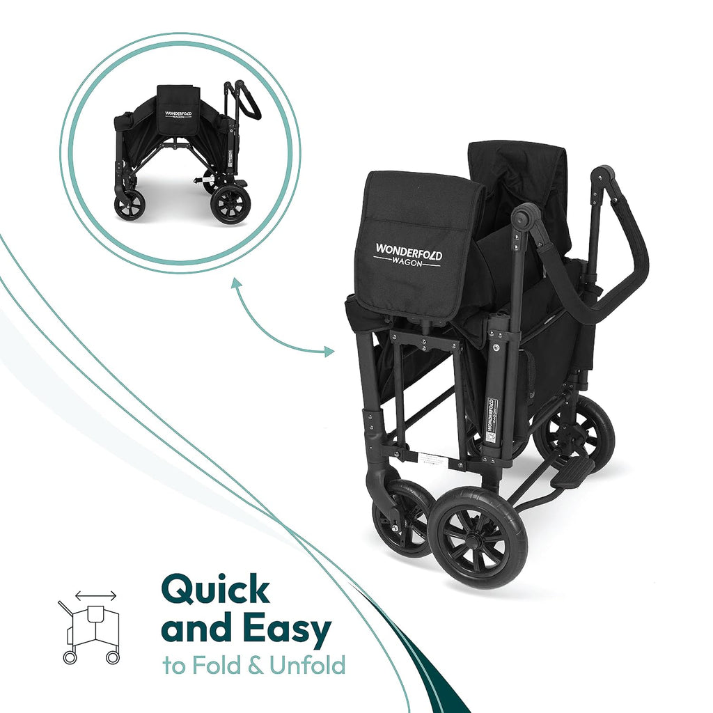 WONDERFOLD W1 Original Stroller Wagon (2 Seater) - Wagon Stroller with Seats with 5-Point Harnesses, Adjustable Push Handle, and Sun Canopy, Jet Black