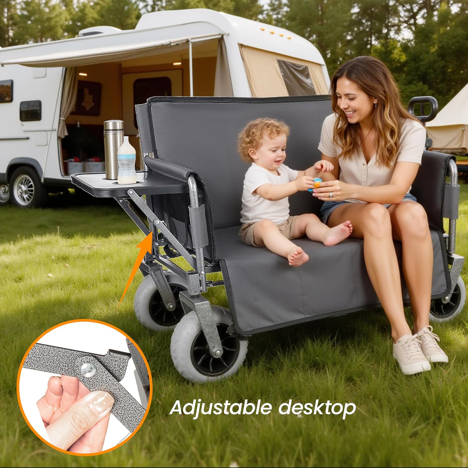 3-in-1 Foldable Wagon Cart with All-Terrain 9'x4' Beach Tires–Collapsible Wagon Design,Rear-Mounted Folding Tabletop&Convertible Bench Seat,Utility Wagon | Beach Cart with Drink Holders (Gray)