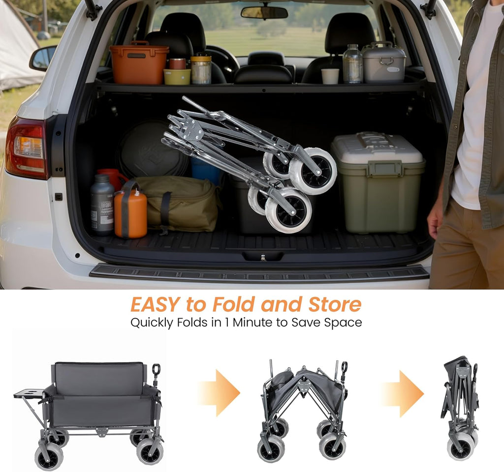 3-in-1 Heavy-Duty Folding Wagon with Bench Seat & Rear-Mounted Folding Tabletop – 500lbs Capacity, All-Terrain Beach Tires for Camping, Picnics, Outdoor Events (Gray)