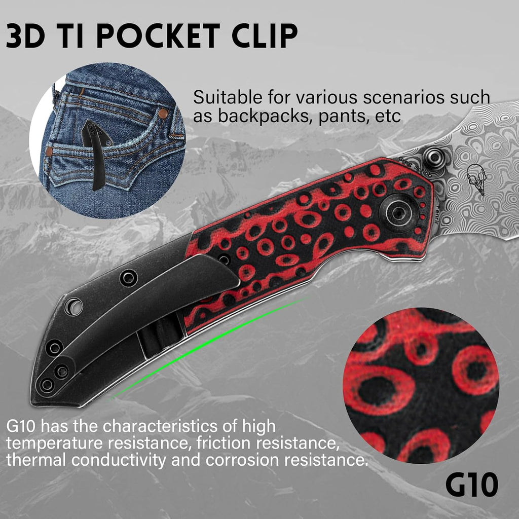 KANSEPT Fenrir Pocket Knife, 3.48' Damascus Harpoon Blade, Titanium Handle Black-Red Meteorite Crater G10 Inlay, Thumb Stud & Liner Lock with Deep Clip EDC Knives for Camping Hunting Survival K1034A2