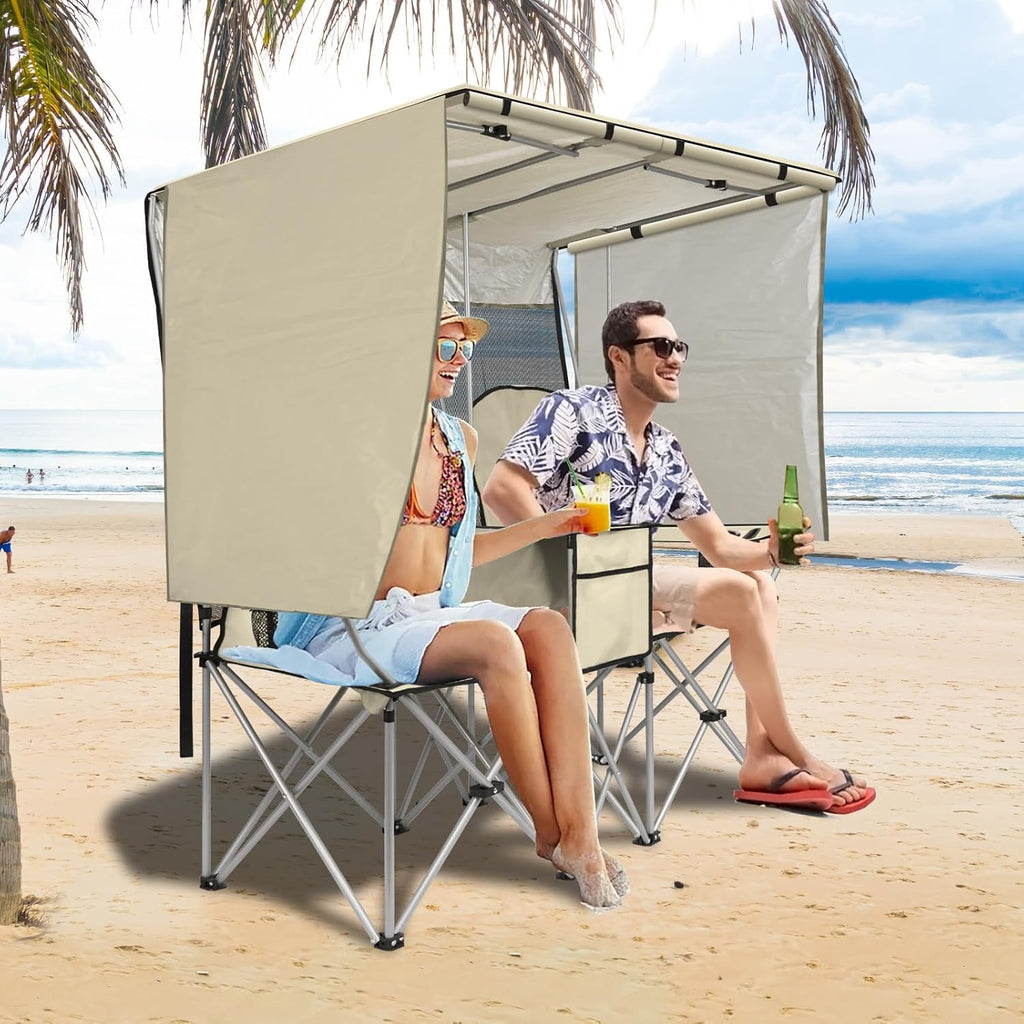 BESTHLS Double Camping Chair with Canopy Shade - Heavy Duty 600D Outdoor Loveseat for Adults, 2-Person Beach Chair with Umbrella, Folding Camp Loveseat for Fishing, Sports, Patio (White)