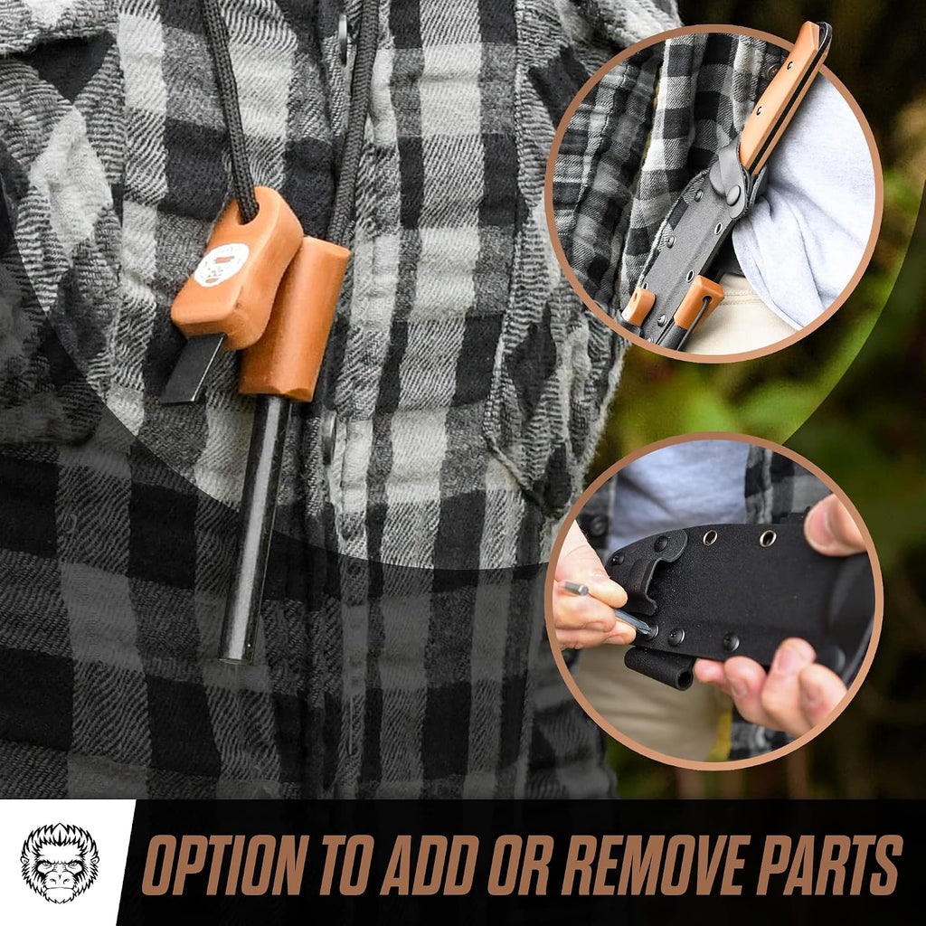 Holtzman's Gorilla Survival Bushwhacker Fixed Blade Knife with Fire Starter, G10 Scraper, and Paracord (Brown) - Ideal for Camping and Survival