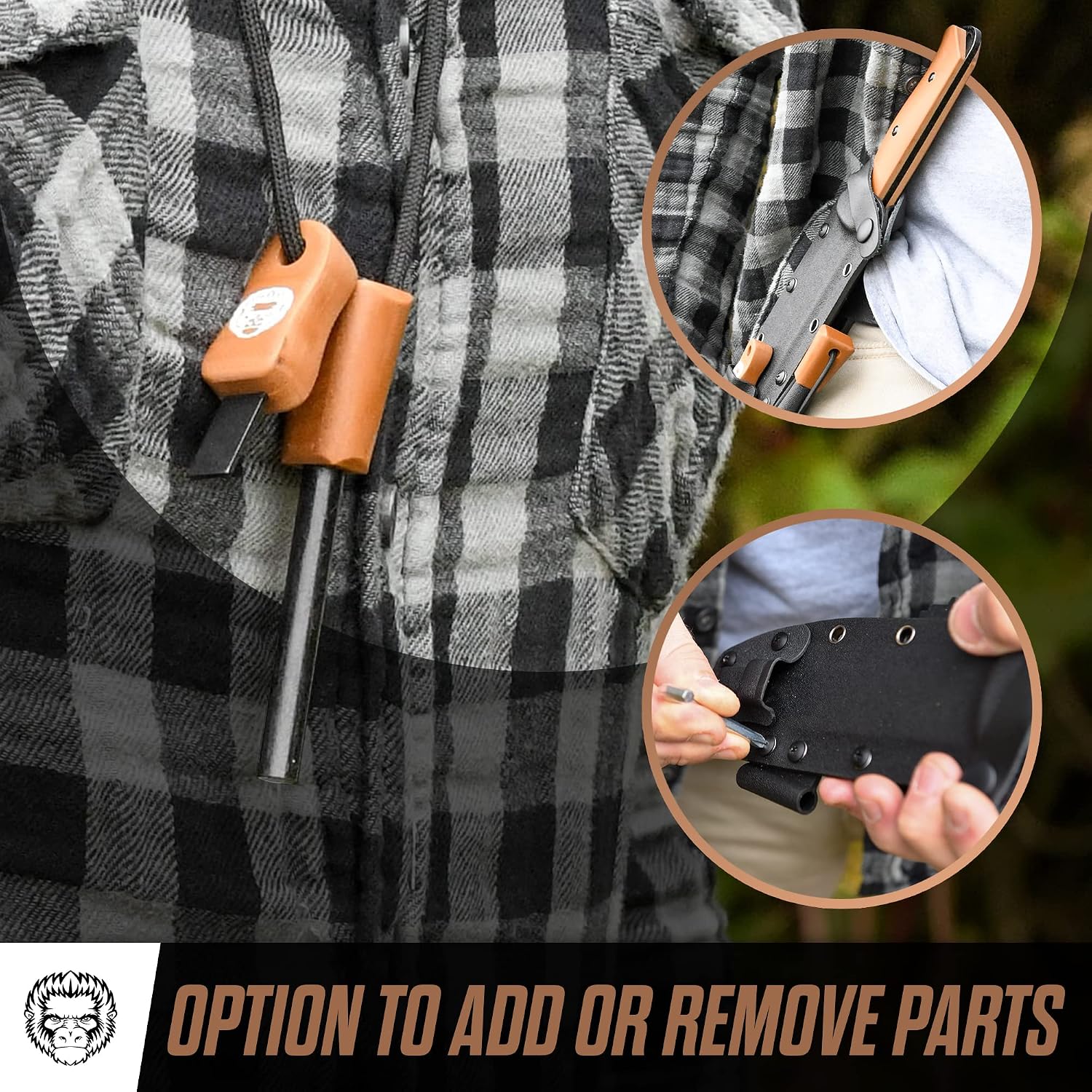 Holtzman's Gorilla Survival Bushwhacker Fixed Blade Knife with Fire Starter, G10 Scraper, and Paracord (Brown) - Ideal for Camping and Survival