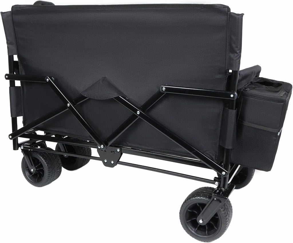 3-in-1 Folding Wagon with Bench Seat - 500LB Capacity, 180L Storage, All-Terrain Wheels, Compact Fold, Includes Ice Pack, for Camping, Beach, Sports, Garden (Black)